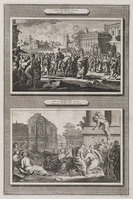 KG 12129
<br/>
Illustraties uit de Bijbel van Martin, Esther VI.6 & Esther VII. Mardochai in zegepraal & Haman gehangen.
<br/>
<em>Later, Jacobus (?-na 1705)</em>